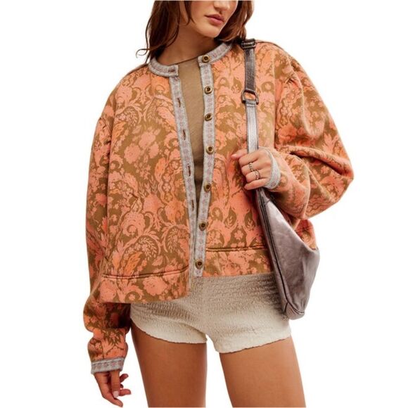 NWT Free People Drifter Button Down Patterned Sweatshirt Jacket in Earth Combo - Picture 2 of 8